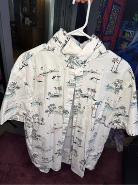 No Boundaries White Tropical Print Short Sleeve Button-Up Polo